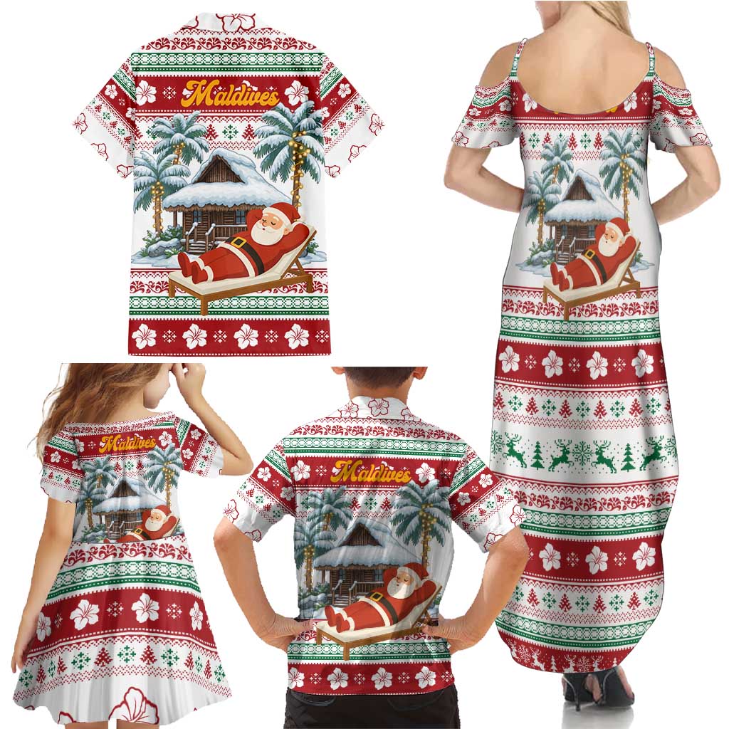 Maldives Christmas Family Matching Summer Maxi Dress and Hawaiian Shirt with Santa Claus Hammock Palm Trees and Tropical - Wonder Print Shop