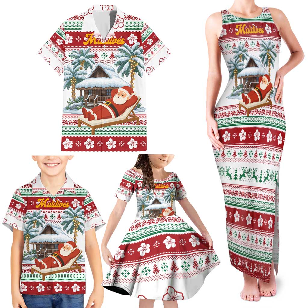 Maldives Christmas Family Matching Tank Maxi Dress and Hawaiian Shirt with Santa Claus Hammock Palm Trees and Tropical - Wonder Print Shop