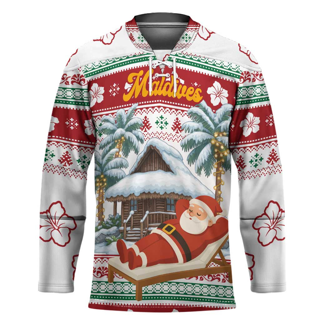 Maldives Christmas Hockey Jersey with Santa Claus Hammock Palm Trees and Tropical - Wonder Print Shop