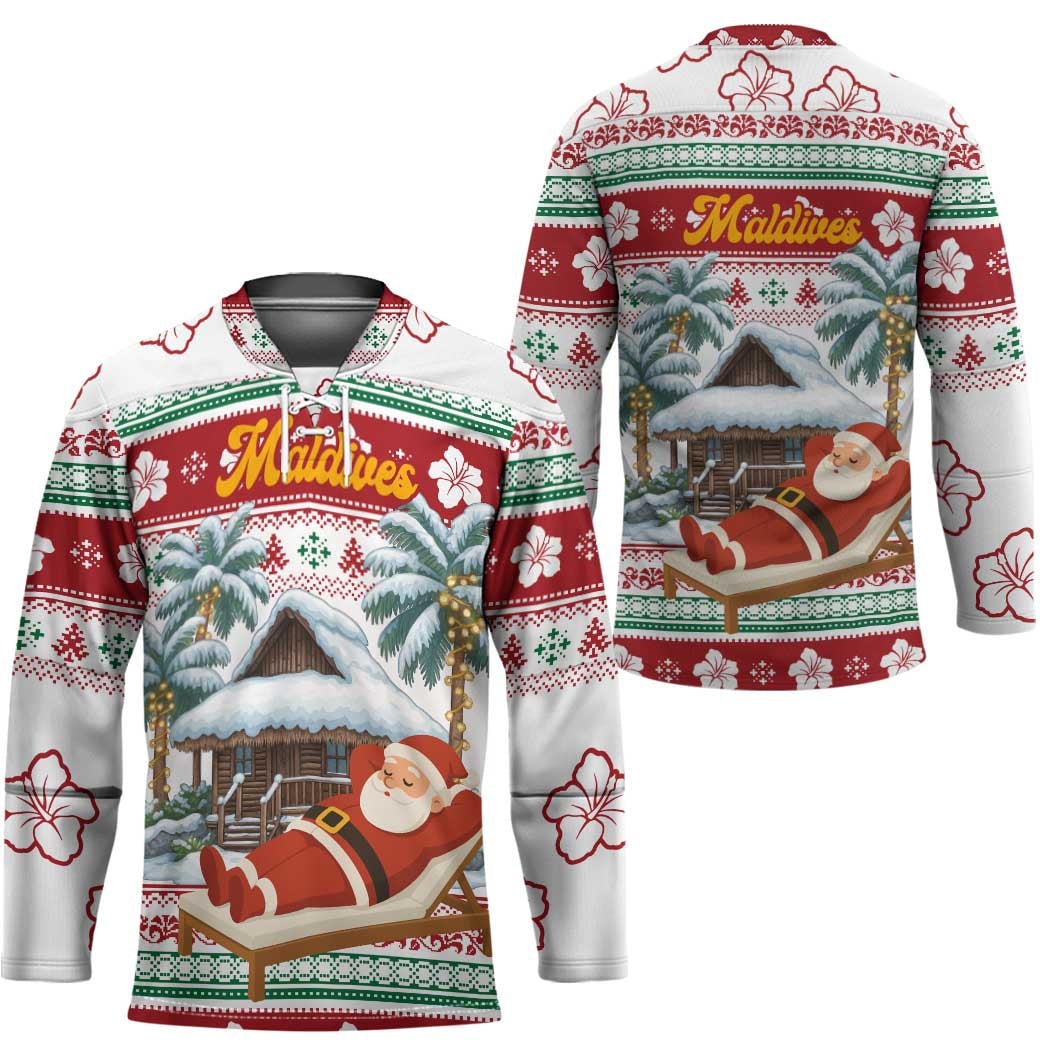 Maldives Christmas Hockey Jersey with Santa Claus Hammock Palm Trees and Tropical - Wonder Print Shop