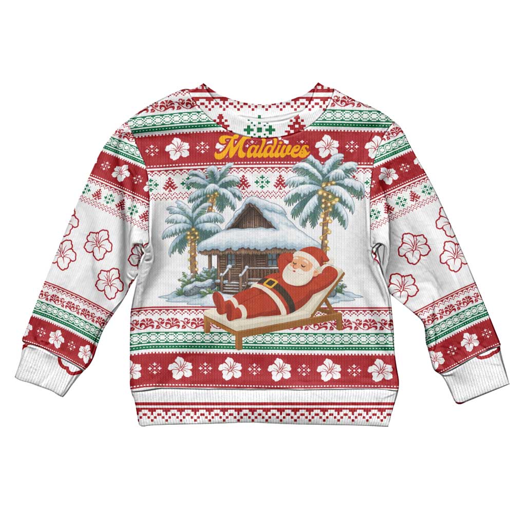 Maldives Christmas Kid Ugly Christmas Sweater with Santa Claus Hammock Palm Trees and Tropical - Wonder Print Shop
