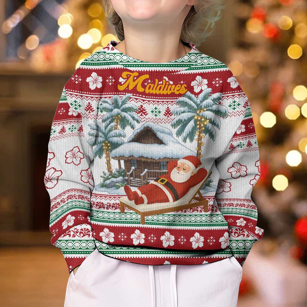 Maldives Christmas Kid Ugly Christmas Sweater with Santa Claus Hammock Palm Trees and Tropical - Wonder Print Shop