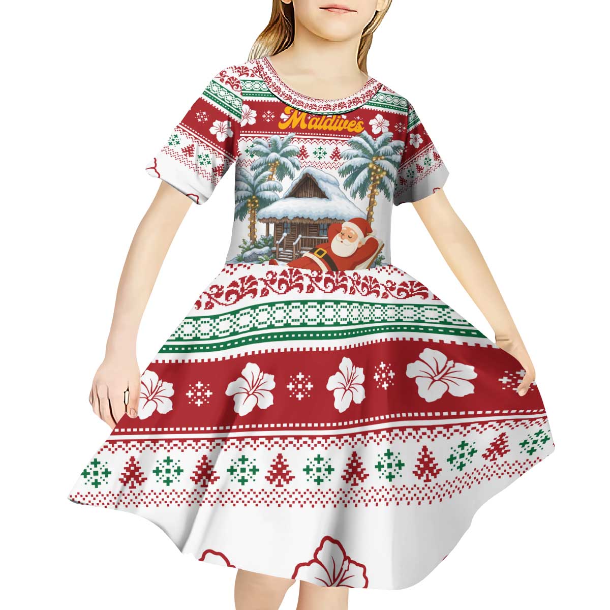 Maldives Christmas Kid Short Sleeve Dress with Santa Claus Hammock Palm Trees and Tropical - Wonder Print Shop