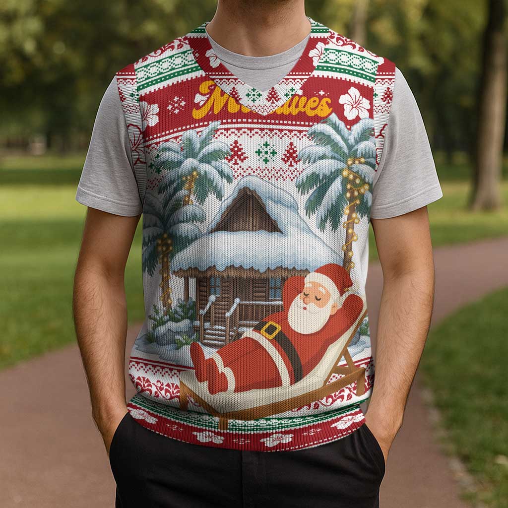 Maldives Christmas Knitted V-Neck Vest with Santa Claus Hammock Palm Trees and Tropical - Wonder Print Shop