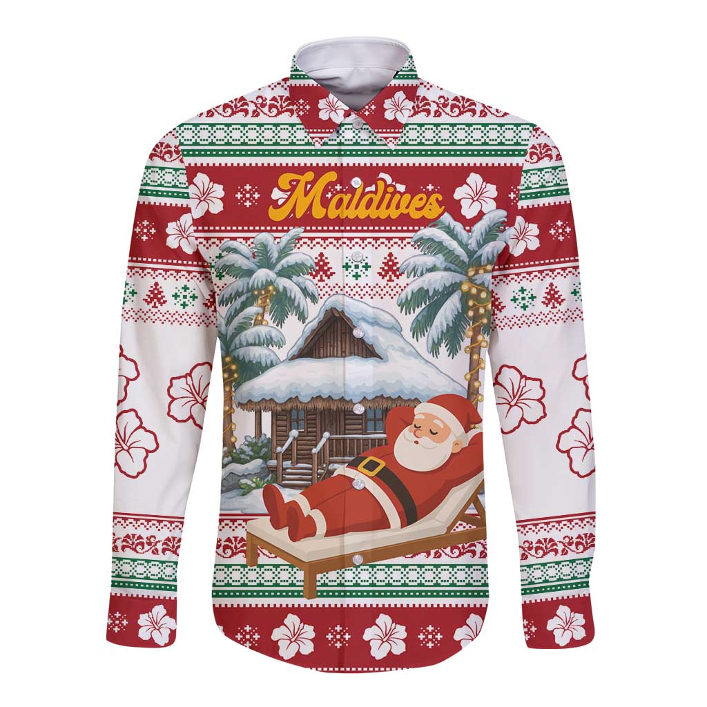 Maldives Christmas Long Sleeve Button Shirt with Santa Claus Hammock Palm Trees and Tropical - Wonder Print Shop
