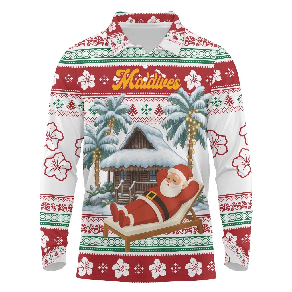 Maldives Christmas Long Sleeve Polo Shirt with Santa Claus Hammock Palm Trees and Tropical - Wonder Print Shop
