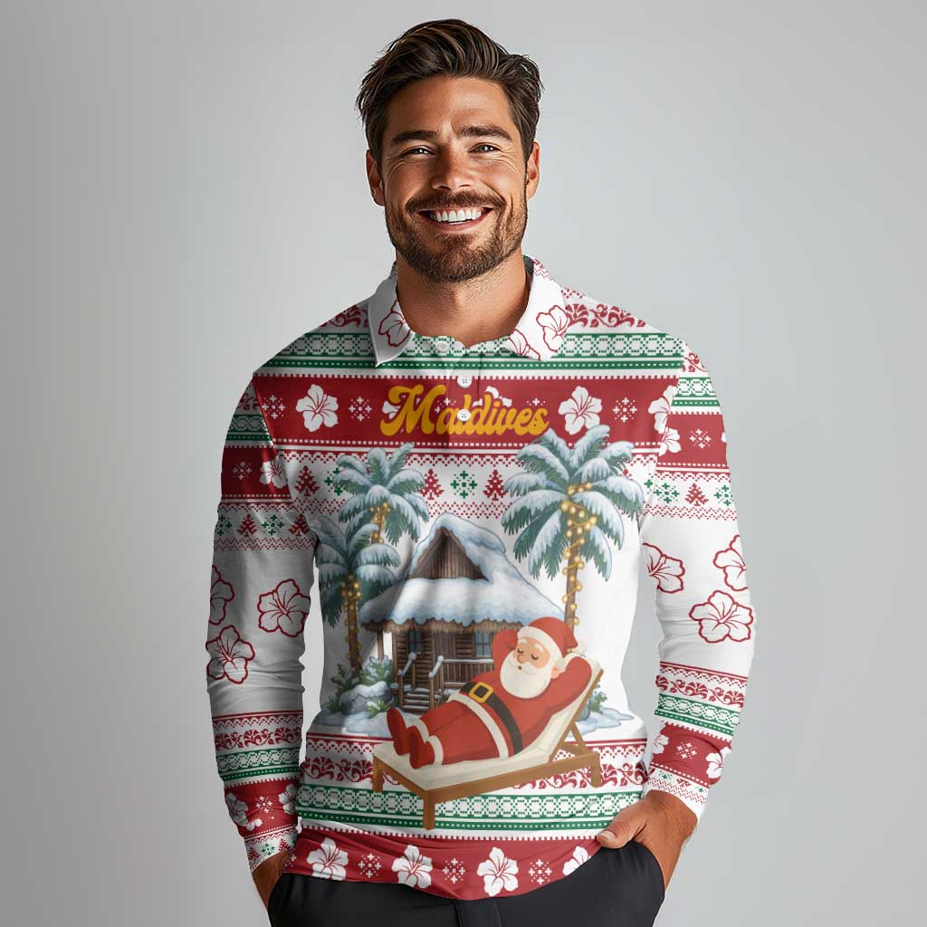 Maldives Christmas Long Sleeve Polo Shirt with Santa Claus Hammock Palm Trees and Tropical - Wonder Print Shop