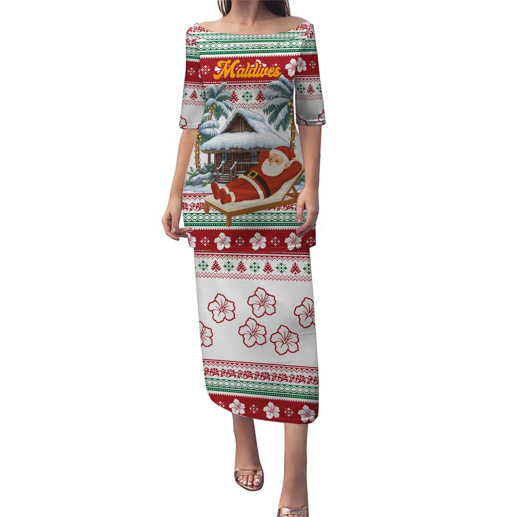 Maldives Christmas Puletasi with Santa Claus Hammock Palm Trees and Tropical - Wonder Print Shop