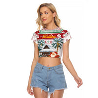 Maldives Christmas Raglan Cropped T Shirt with Santa Claus Hammock Palm Trees and Tropical - Wonder Print Shop