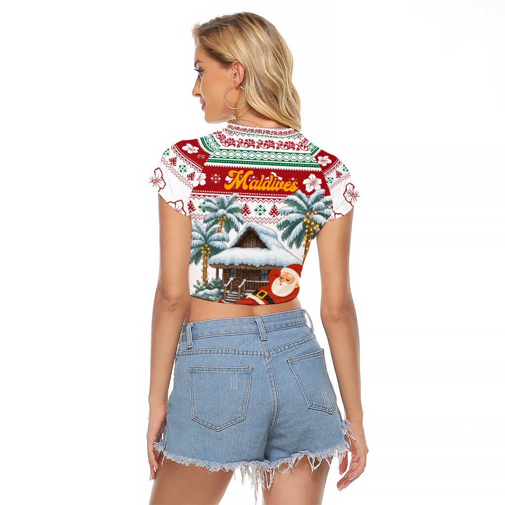 Maldives Christmas Raglan Cropped T Shirt with Santa Claus Hammock Palm Trees and Tropical - Wonder Print Shop