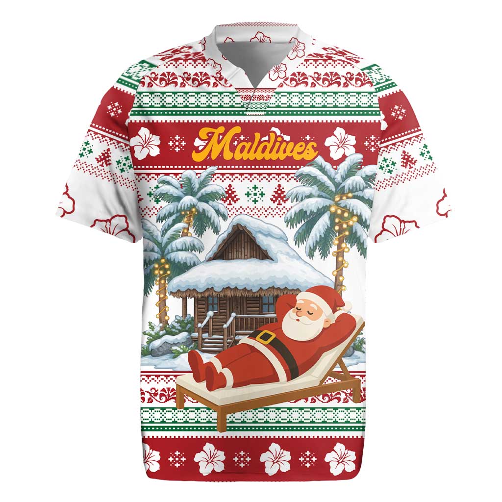 Maldives Christmas Rugby Jersey with Santa Claus Hammock Palm Trees and Tropical - Wonder Print Shop