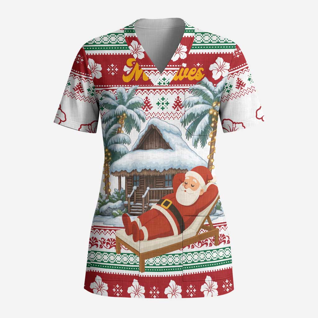 Maldives Christmas Scrub Top with Santa Claus Hammock Palm Trees and Tropical - Wonder Print Shop