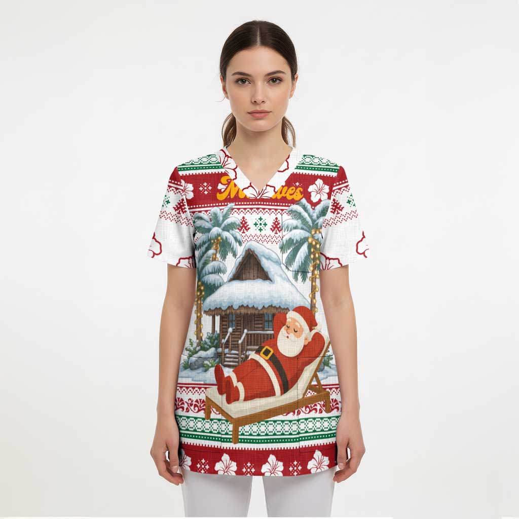 Maldives Christmas Scrub Top with Santa Claus Hammock Palm Trees and Tropical - Wonder Print Shop
