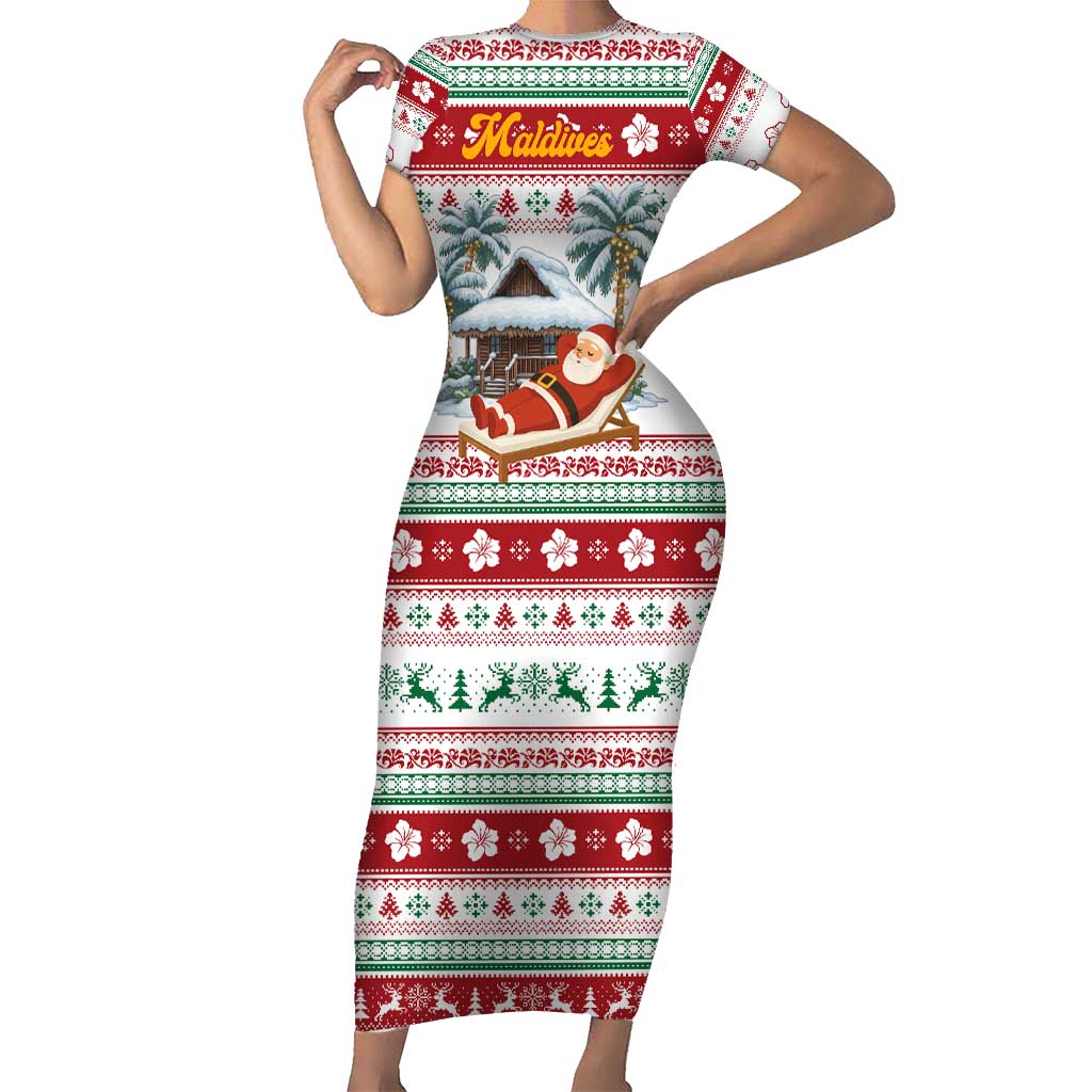 Maldives Christmas Short Sleeve Bodycon Dress with Santa Claus Hammock Palm Trees and Tropical - Wonder Print Shop