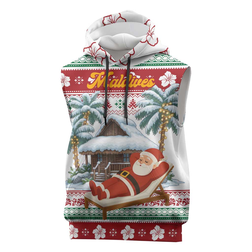 Maldives Christmas Sleeveless Hoodie with Santa Claus Hammock Palm Trees and Tropical - Wonder Print Shop