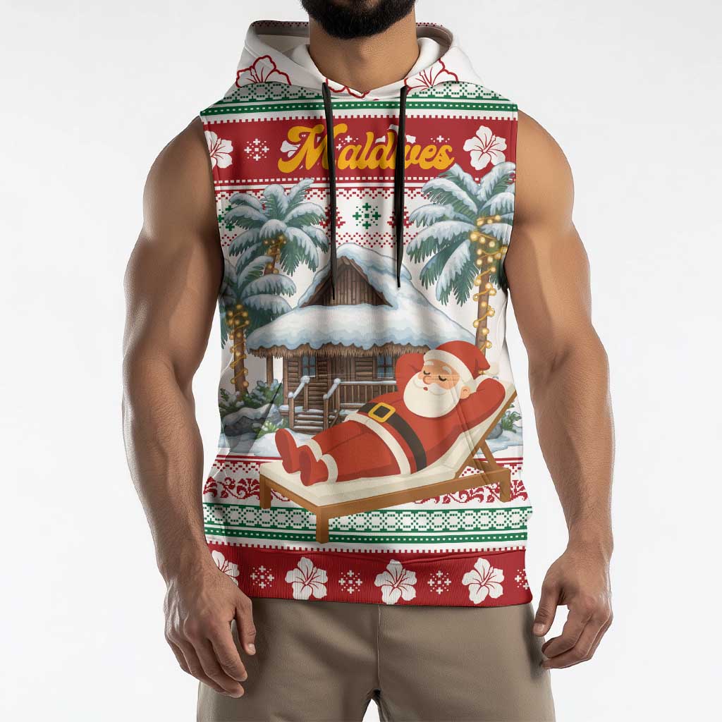 Maldives Christmas Sleeveless Hoodie with Santa Claus Hammock Palm Trees and Tropical - Wonder Print Shop