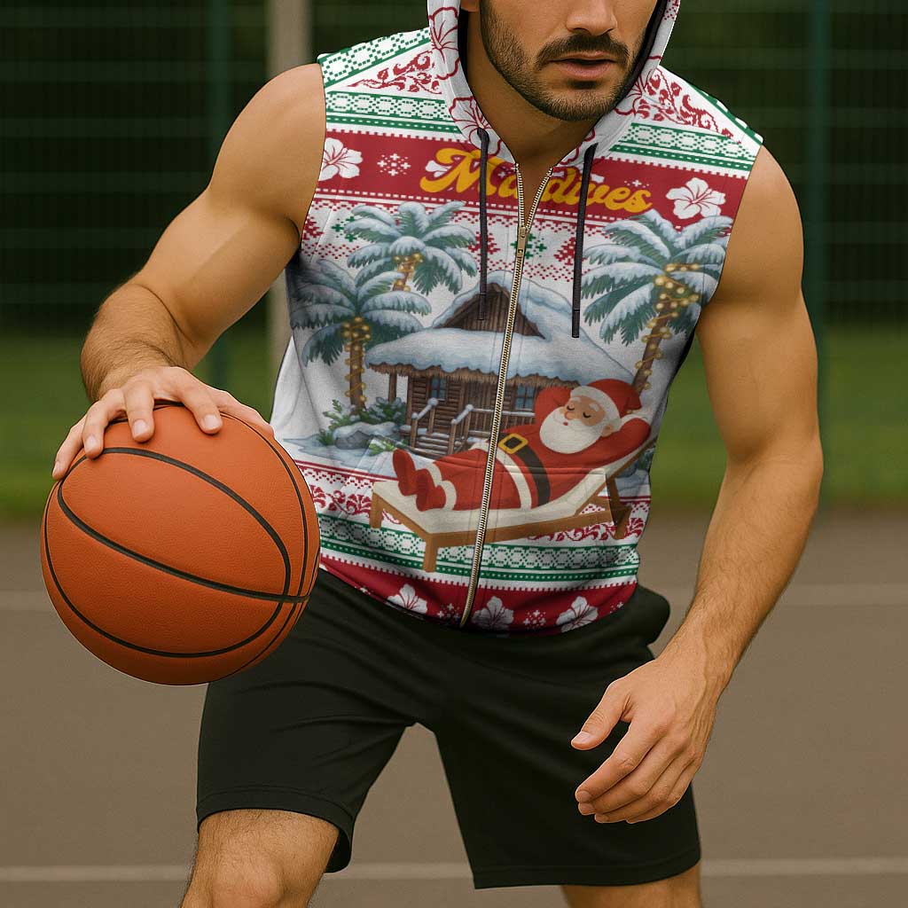 Maldives Christmas Sleeveless Zip Hoodie with Santa Claus Hammock Palm Trees and Tropical - Wonder Print Shop