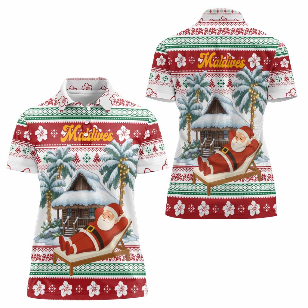 Maldives Christmas Women Polo Shirt with Santa Claus Hammock Palm Trees and Tropical - Wonder Print Shop