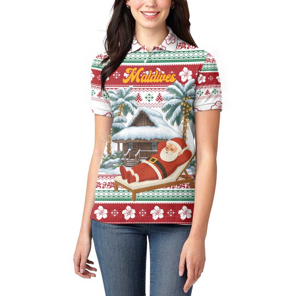 Maldives Christmas Women Polo Shirt with Santa Claus Hammock Palm Trees and Tropical - Wonder Print Shop