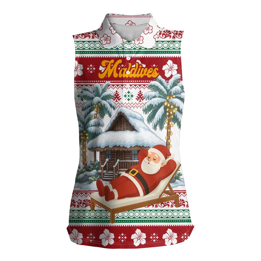 Maldives Christmas Women Sleeveless Polo Shirt with Santa Claus Hammock Palm Trees and Tropical - Wonder Print Shop