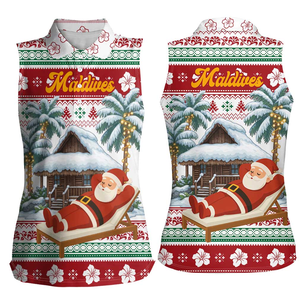 Maldives Christmas Women Sleeveless Polo Shirt with Santa Claus Hammock Palm Trees and Tropical - Wonder Print Shop