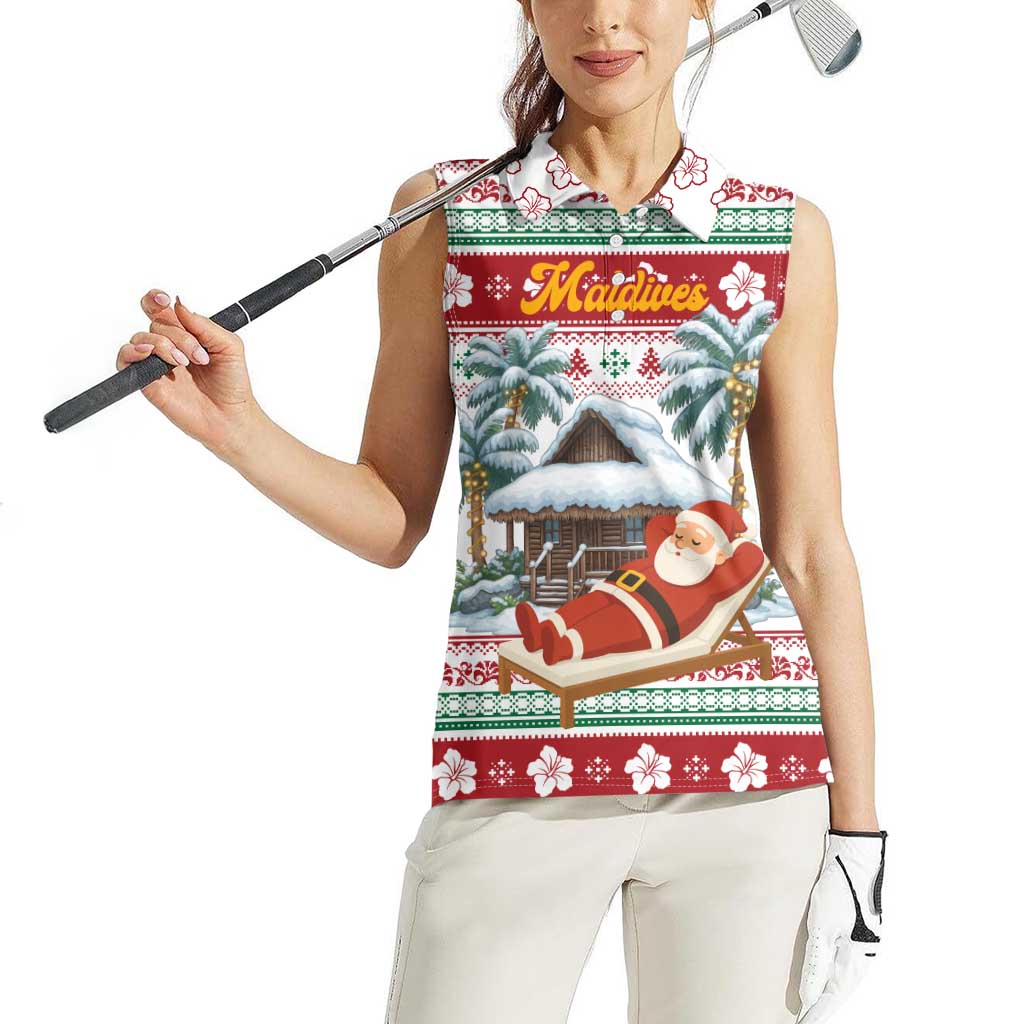 Maldives Christmas Women Sleeveless Polo Shirt with Santa Claus Hammock Palm Trees and Tropical - Wonder Print Shop