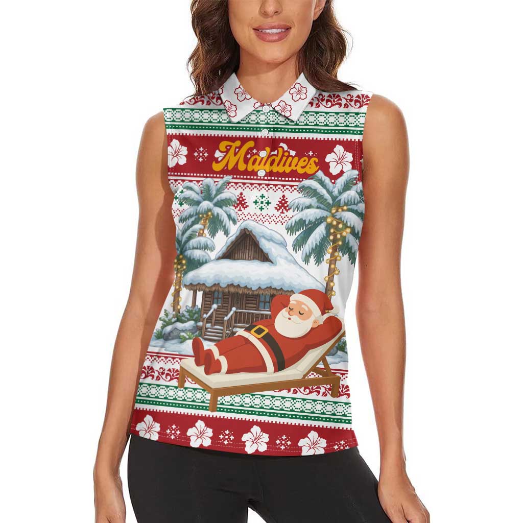 Maldives Christmas Women Sleeveless Polo Shirt with Santa Claus Hammock Palm Trees and Tropical - Wonder Print Shop