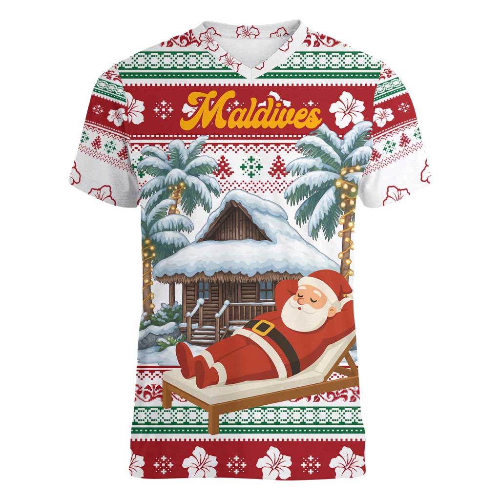 Maldives Christmas Women V-Neck T-Shirt with Santa Claus Hammock Palm Trees and Tropical - Wonder Print Shop