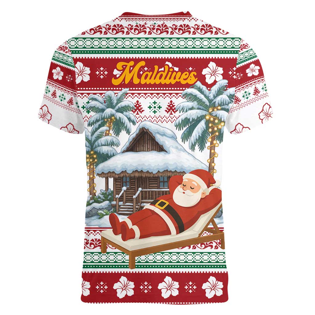 Maldives Christmas Women V-Neck T-Shirt with Santa Claus Hammock Palm Trees and Tropical - Wonder Print Shop
