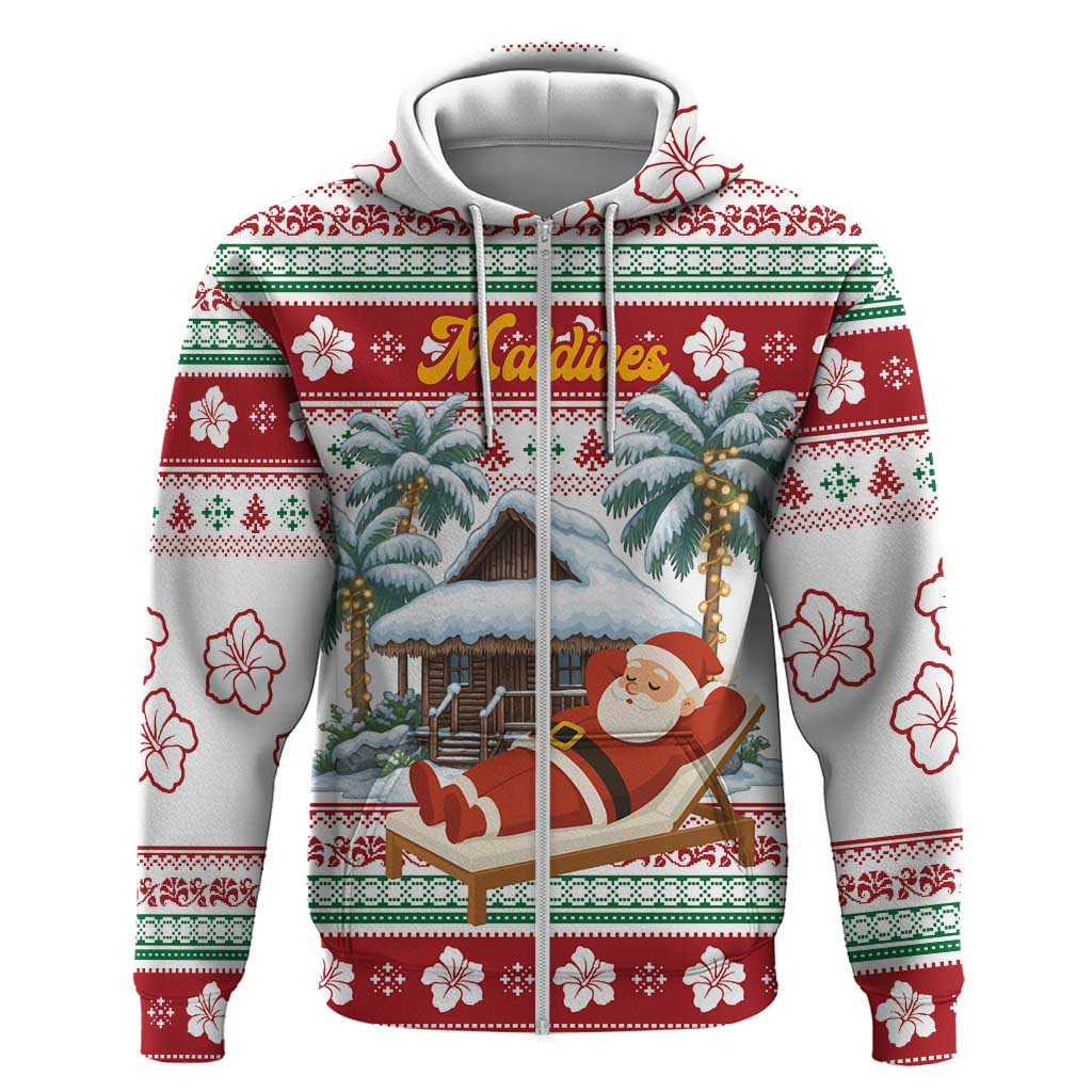 Maldives Christmas Zip Hoodie with Santa Claus Hammock Palm Trees and Tropical - Wonder Print Shop