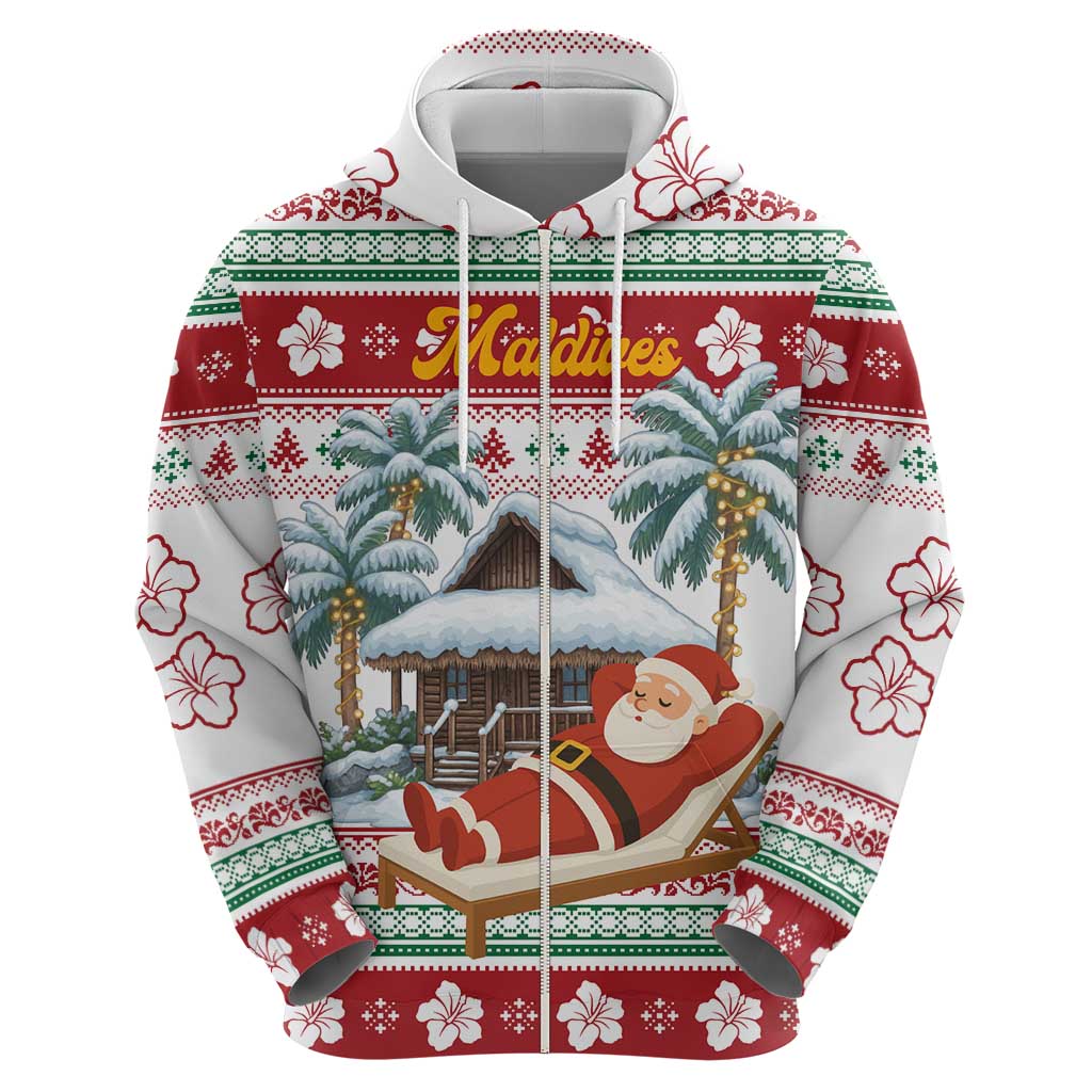 Maldives Christmas Zip Hoodie with Santa Claus Hammock Palm Trees and Tropical - Wonder Print Shop