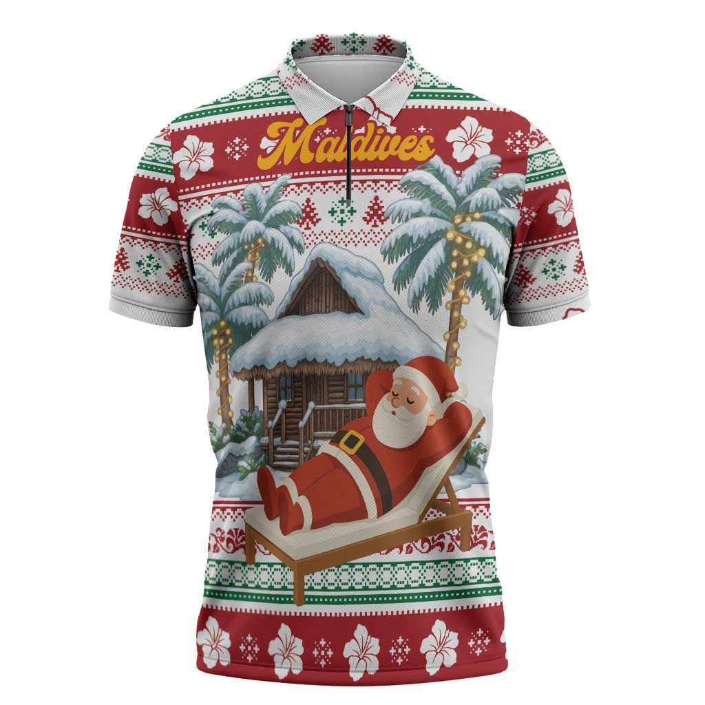 Maldives Christmas Zipper Polo Shirt with Santa Claus Hammock Palm Trees and Tropical - Wonder Print Shop