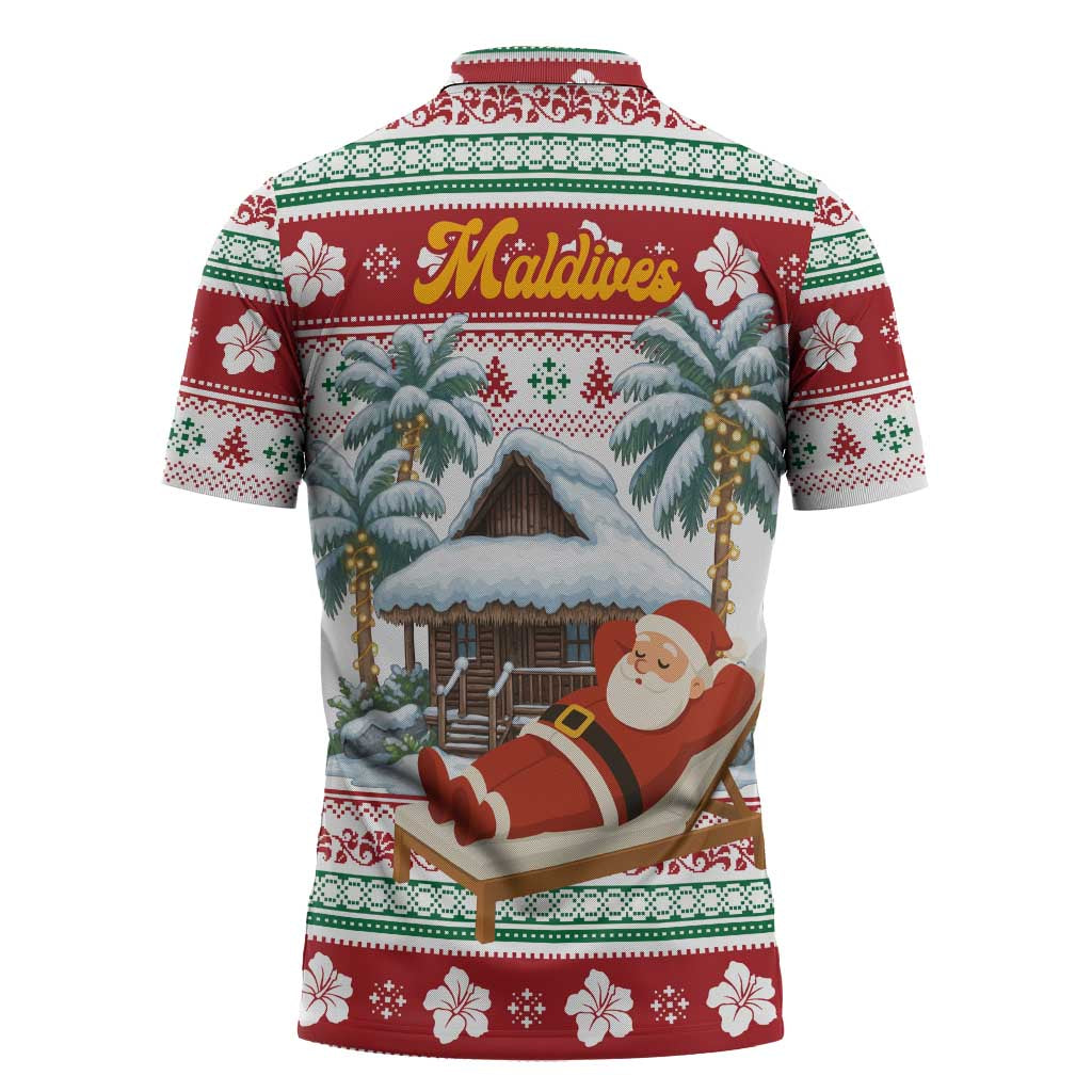 Maldives Christmas Zipper Polo Shirt with Santa Claus Hammock Palm Trees and Tropical - Wonder Print Shop