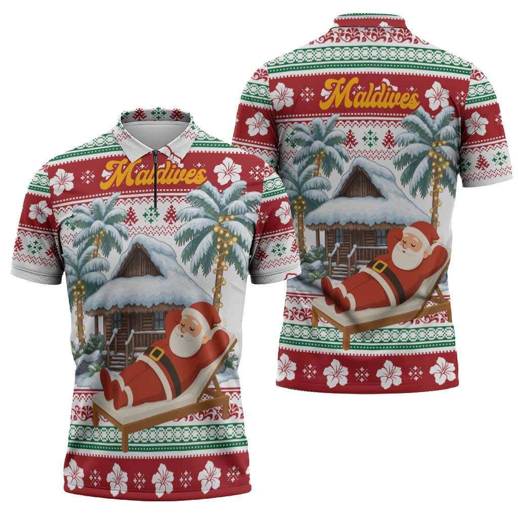 Maldives Christmas Zipper Polo Shirt with Santa Claus Hammock Palm Trees and Tropical - Wonder Print Shop