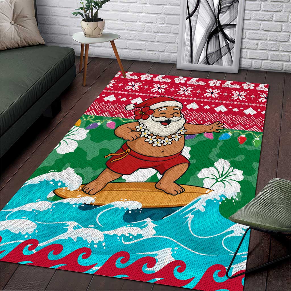 Maldives Christmas Area Rug with Surfing Santa Claus Tropical Flowers and Holiday Wave - Wonder Print Shop