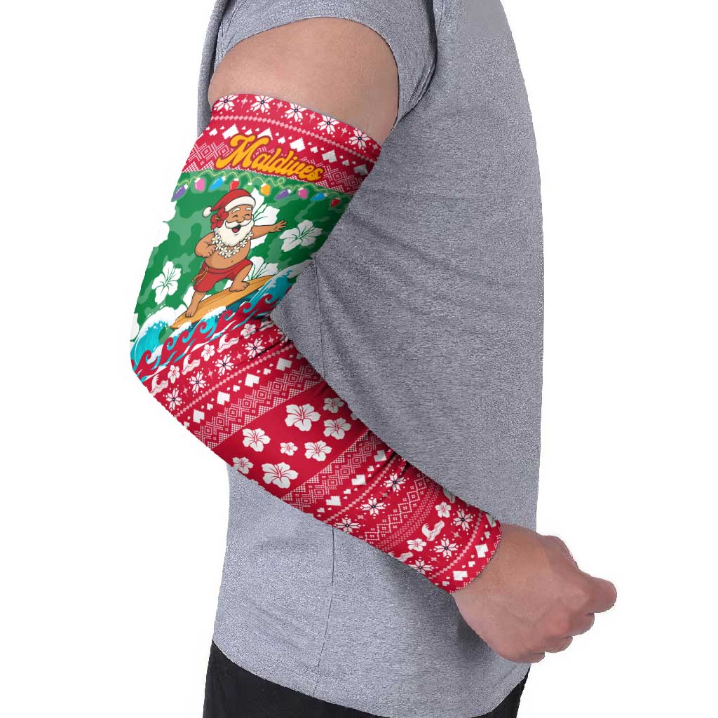 Maldives Christmas Arm Sleeves with Surfing Santa Claus Tropical Flowers and Holiday Wave - Wonder Print Shop