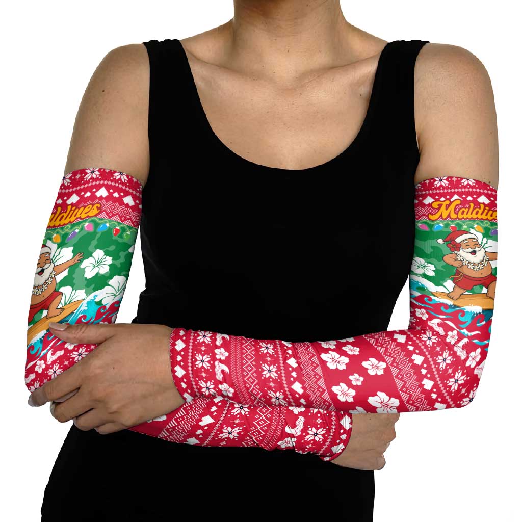 Maldives Christmas Arm Sleeves with Surfing Santa Claus Tropical Flowers and Holiday Wave - Wonder Print Shop