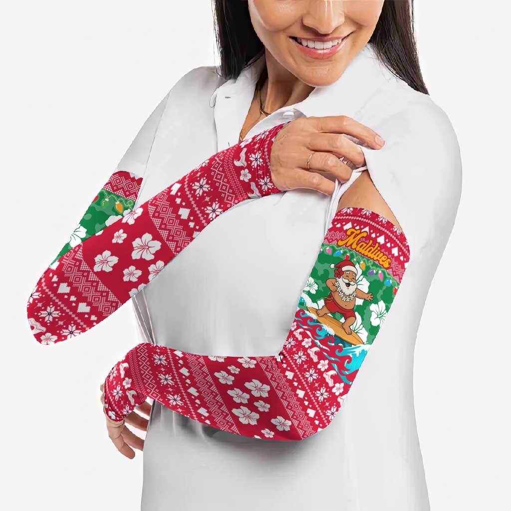 Maldives Christmas Arm Sleeves with Surfing Santa Claus Tropical Flowers and Holiday Wave - Wonder Print Shop