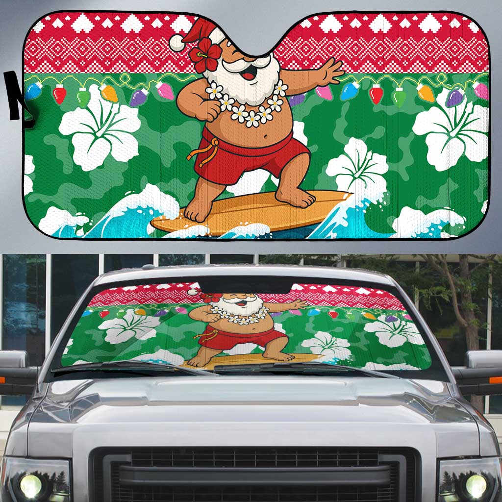 Maldives Christmas Auto Sun Shade with Surfing Santa Claus Tropical Flowers and Holiday Wave - Wonder Print Shop