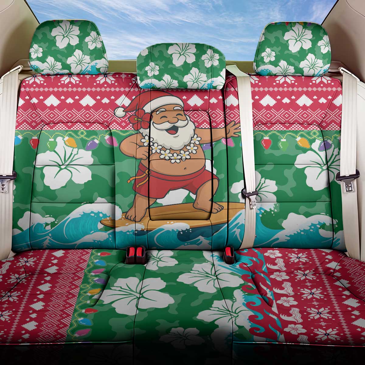 Maldives Christmas Back Car Seat Cover with Surfing Santa Claus Tropical Flowers and Holiday Wave - Wonder Print Shop