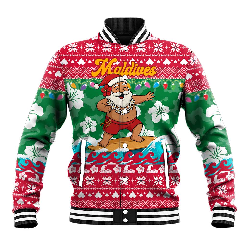 Maldives Christmas Baseball Jacket with Surfing Santa Claus Tropical Flowers and Holiday Wave - Wonder Print Shop