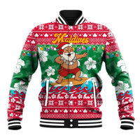 Maldives Christmas Baseball Jacket with Surfing Santa Claus Tropical Flowers and Holiday Wave - Wonder Print Shop