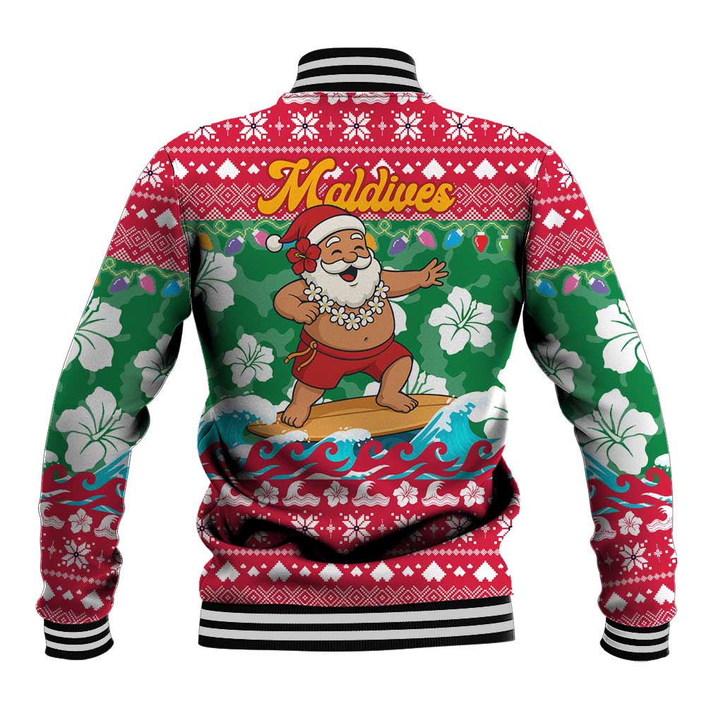 Maldives Christmas Baseball Jacket with Surfing Santa Claus Tropical Flowers and Holiday Wave - Wonder Print Shop