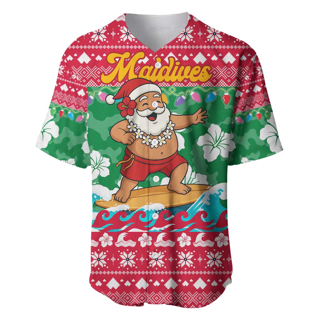 Maldives Christmas Baseball Jersey with Surfing Santa Claus Tropical Flowers and Holiday Wave - Wonder Print Shop