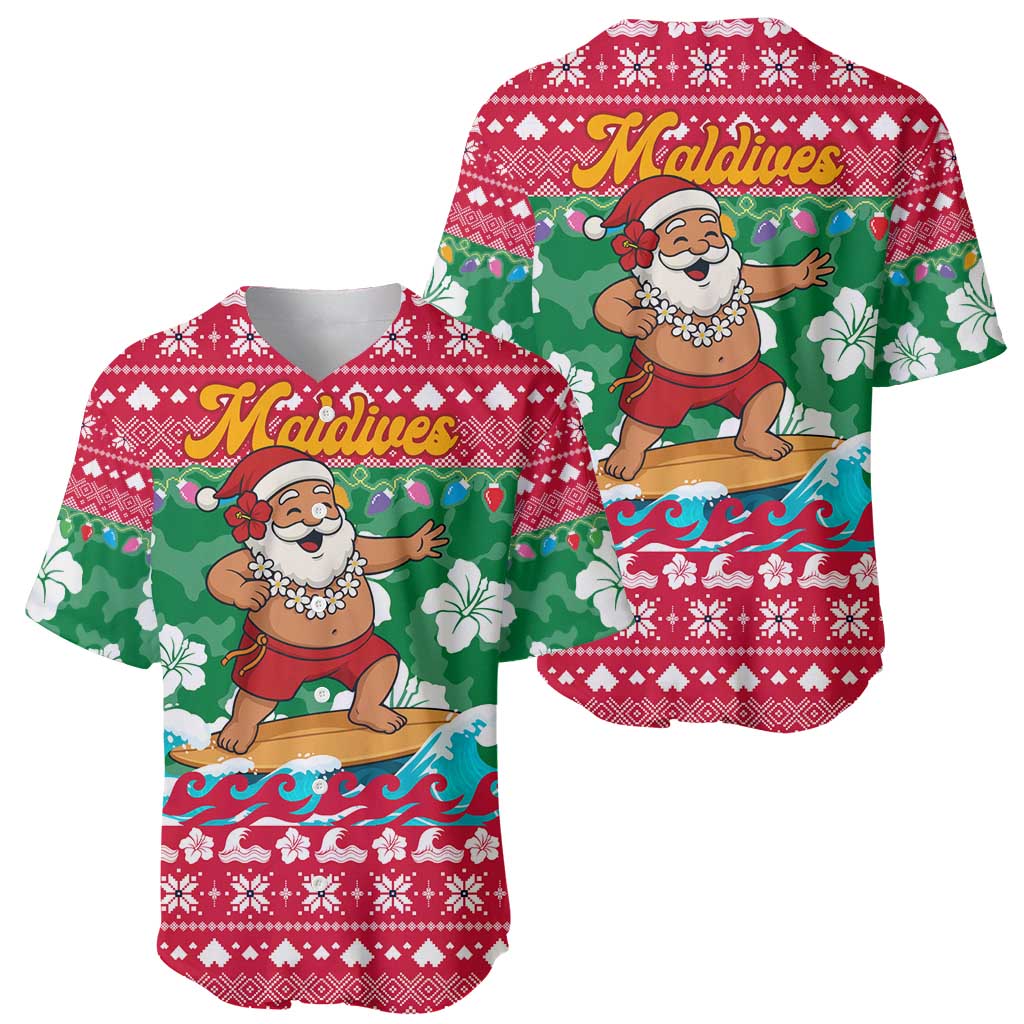 Maldives Christmas Baseball Jersey with Surfing Santa Claus Tropical Flowers and Holiday Wave - Wonder Print Shop