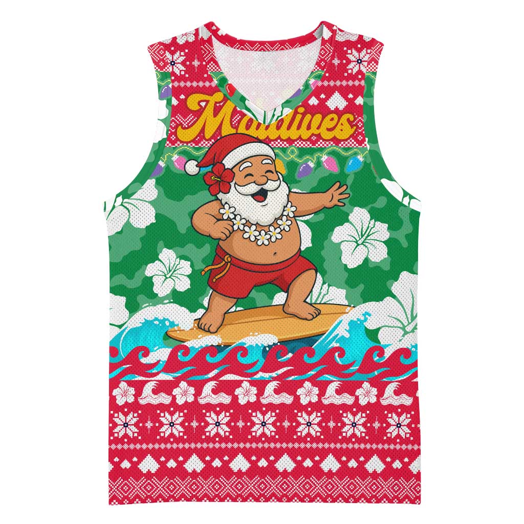 Maldives Christmas Basketball Jersey with Surfing Santa Claus Tropical Flowers and Holiday Wave - Wonder Print Shop