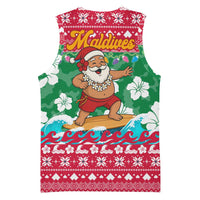 Maldives Christmas Basketball Jersey with Surfing Santa Claus Tropical Flowers and Holiday Wave - Wonder Print Shop