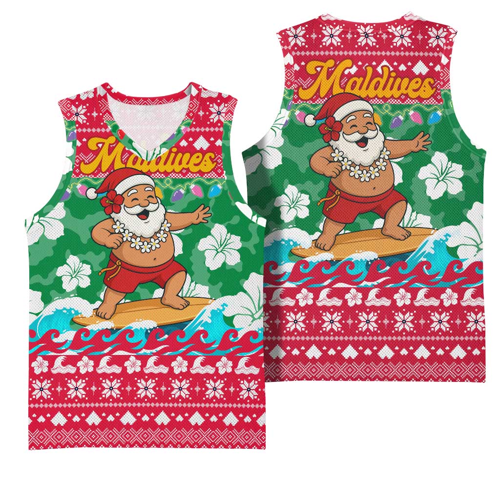 Maldives Christmas Basketball Jersey with Surfing Santa Claus Tropical Flowers and Holiday Wave - Wonder Print Shop