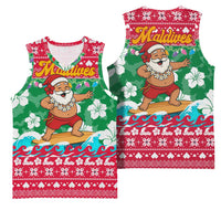 Maldives Christmas Basketball Jersey with Surfing Santa Claus Tropical Flowers and Holiday Wave - Wonder Print Shop