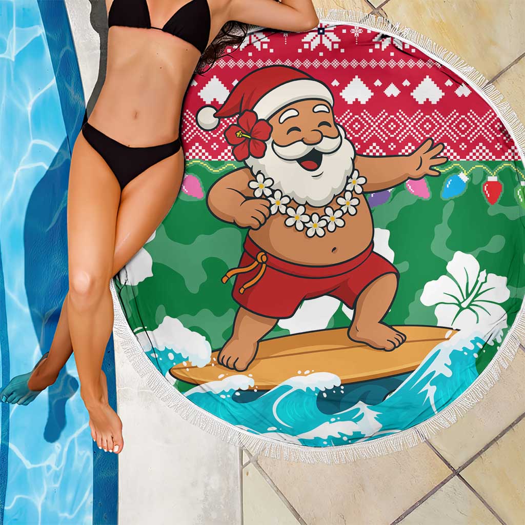 Maldives Christmas Beach Blanket with Surfing Santa Claus Tropical Flowers and Holiday Wave - Wonder Print Shop